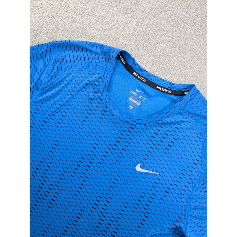 Nike Running Dri-FIT Shirt Mens Large Blue Black Dash Short Sleeve Gym Top